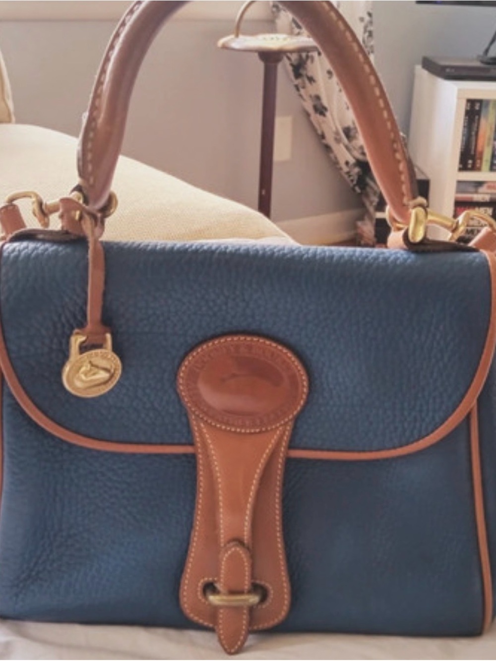 Dooney & Bourke Navy Pebbled Leather Satchel with Brown Trim rare Essex Dooney